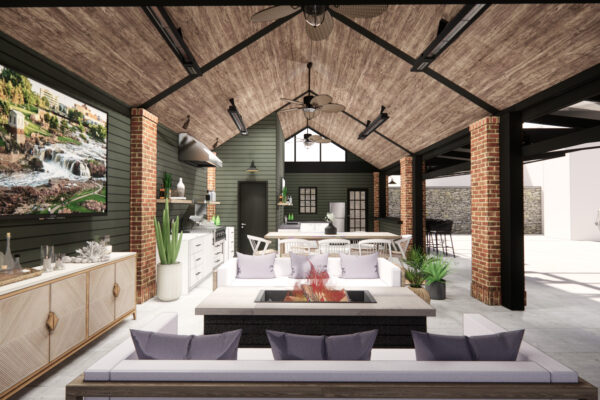 pool house interior, overhead doors, convertible, bar, tv, lounge, dining, infrared heaters, grill,