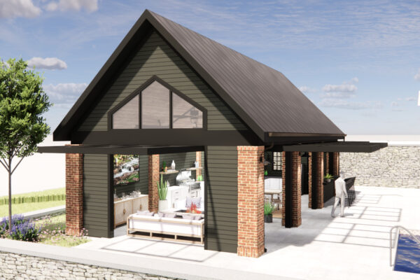 pool house exterior, overhead doors, convertible, bar, tv, lounge, dining, infrared heaters, grill,