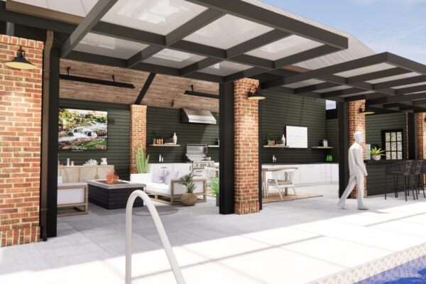 pool house exterior, overhead doors, convertible, bar, tv, lounge, dining, infrared heaters, grill,